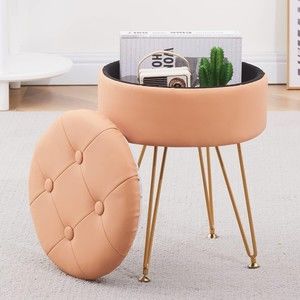 Cpintltr Footrest Round Faux Leather Ottoman/Vanity Chair with Storage Space